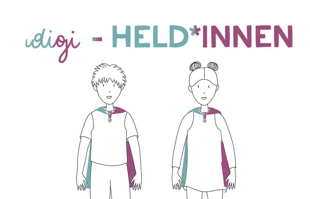 Digi-Held*innen Schriftzug und Grafik mit einem Jungen und einem Mädchen mit Umhang